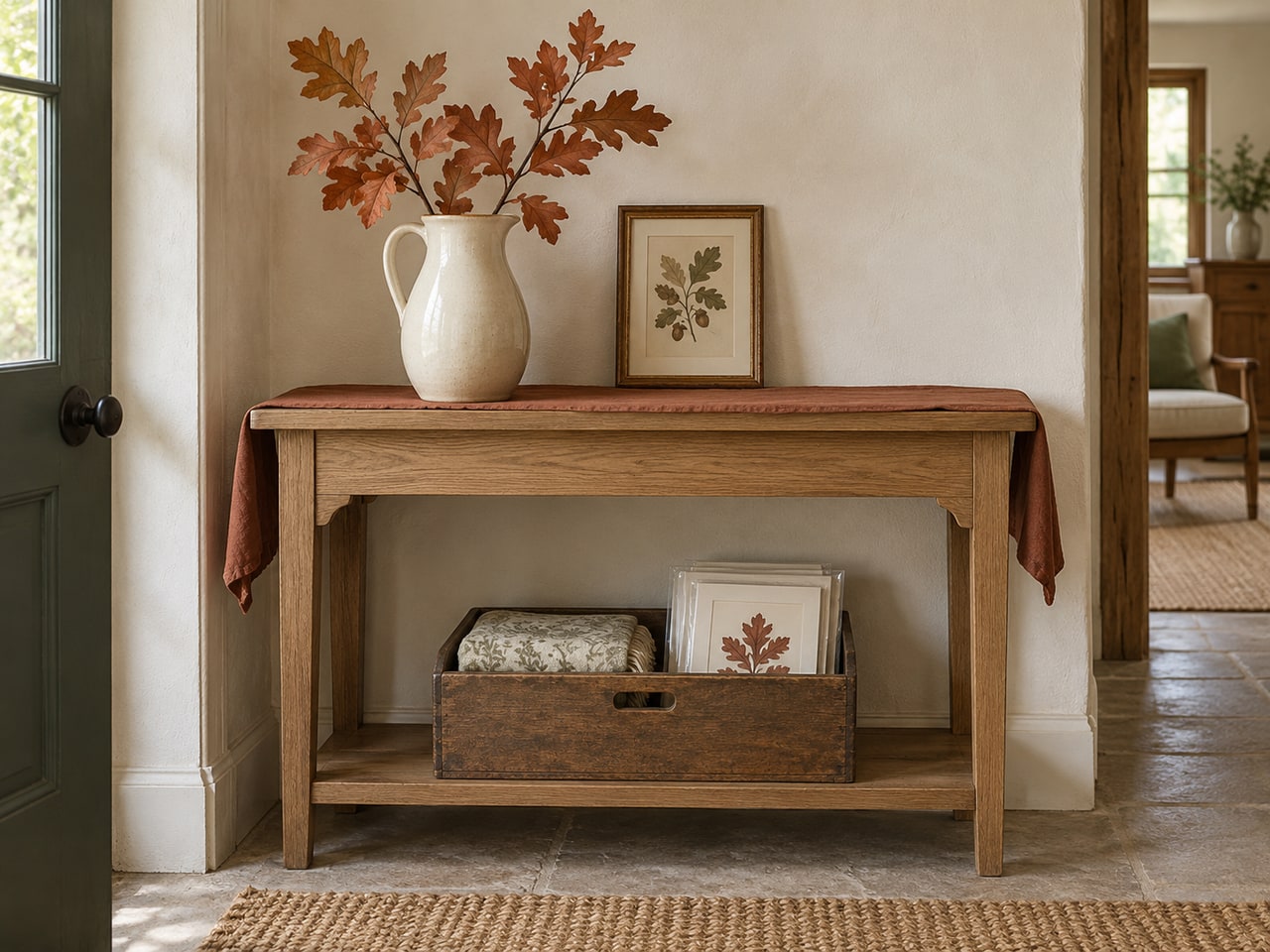 AI-generated autumn console display with a pitcher of leaves and one small seasonal storage box